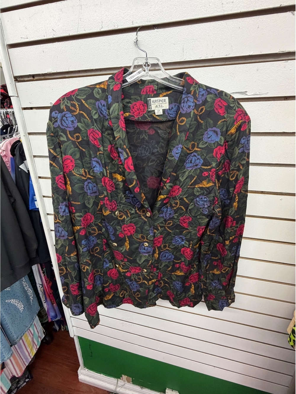 Vintage Kasper A.S.L. Floral Double Breasted Blazer Size 12P Rose Tassel Print